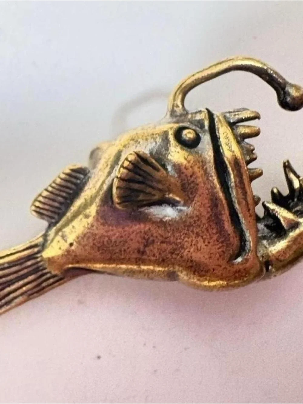 Whimsical heavy, small Brass Anglerfish pin brooch